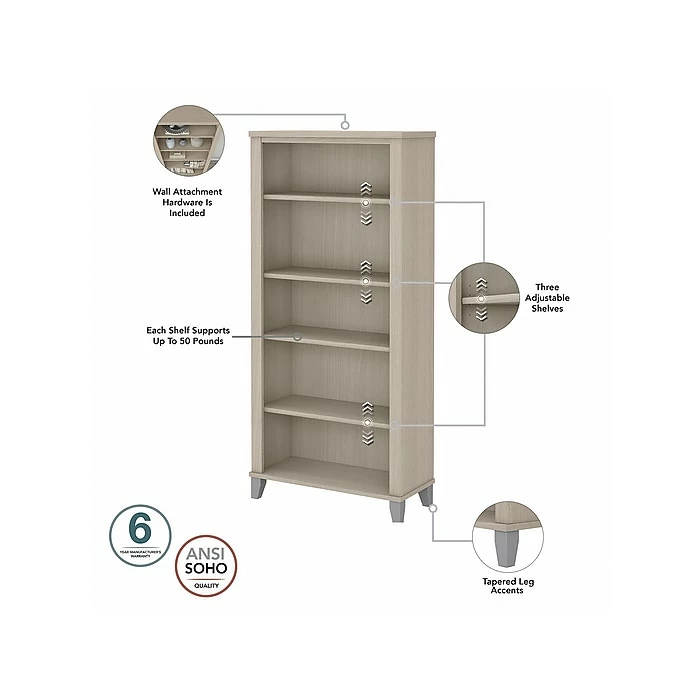 New ๐ Bush Furniture Somerset 5-Shelf 65"H Bookcase, Sand Oak (WC81165) ๐ - Image 3