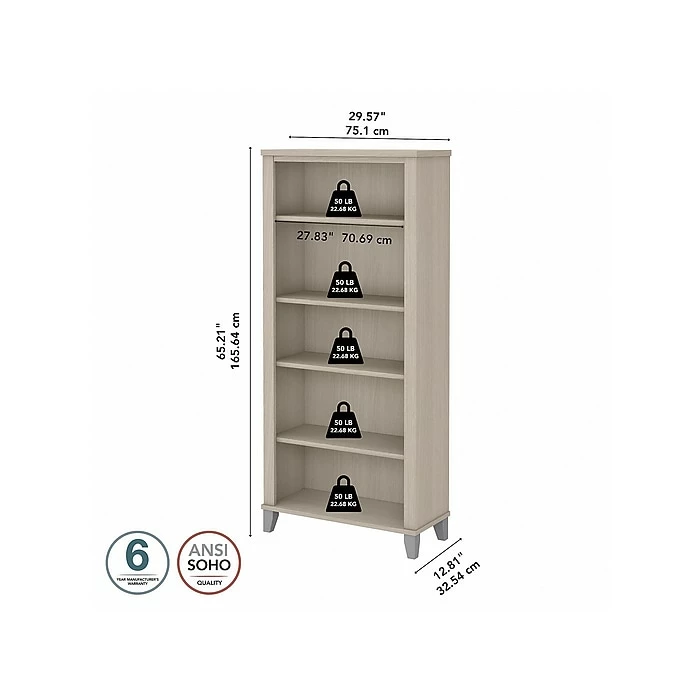 New ๐ Bush Furniture Somerset 5-Shelf 65"H Bookcase, Sand Oak (WC81165) ๐ - Image 5