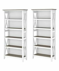 Flash Sale 🔔 Bush Furniture Key West 5-Shelf 66"H Bookcase Set, Shiplap Gray/Pure White (KWS046G2W) 👏